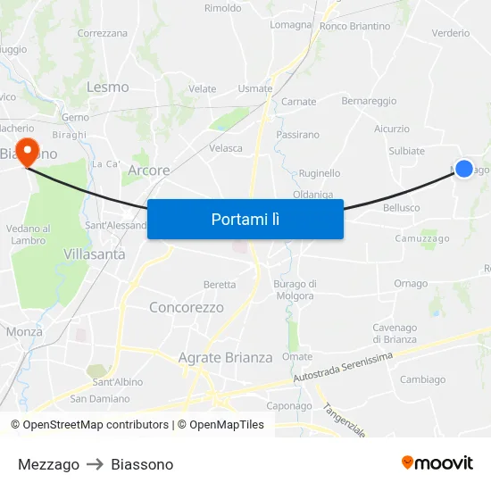 Mezzago to Biassono map