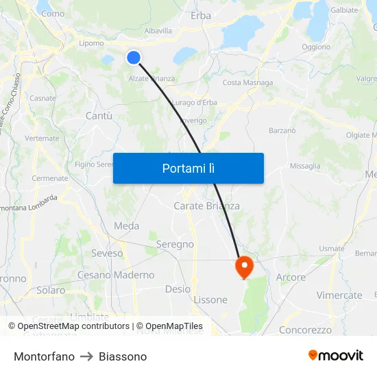 Montorfano to Biassono map