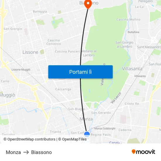 Monza to Biassono map