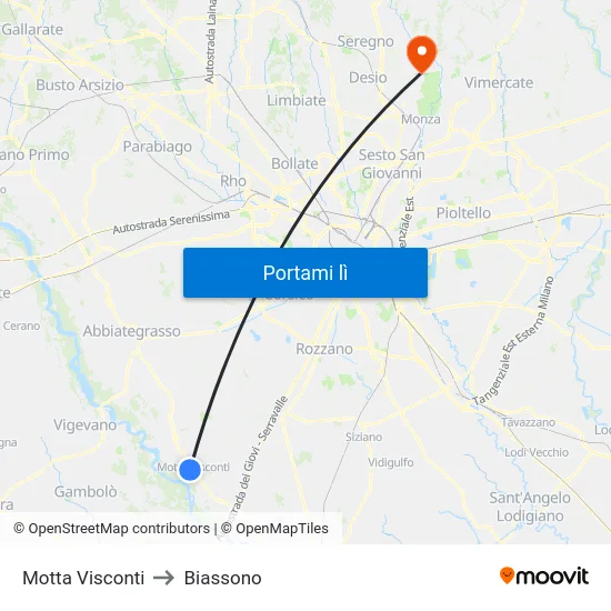 Motta Visconti to Biassono map
