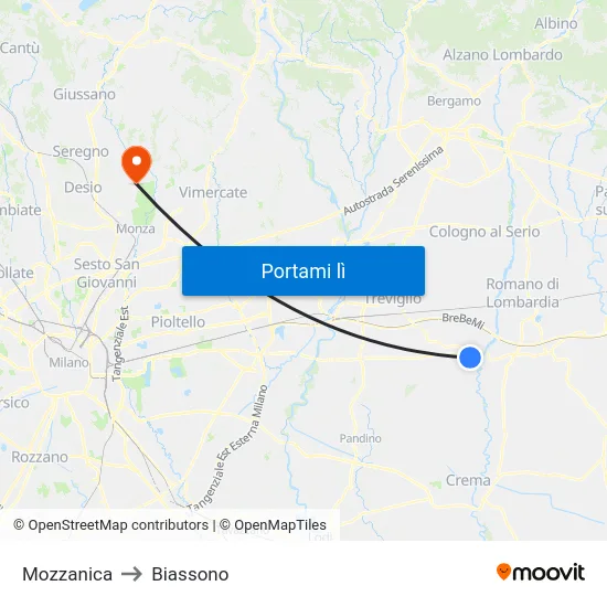 Mozzanica to Biassono map