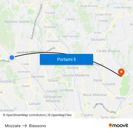 Mozzate to Biassono map