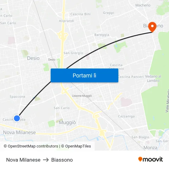 Nova Milanese to Biassono map