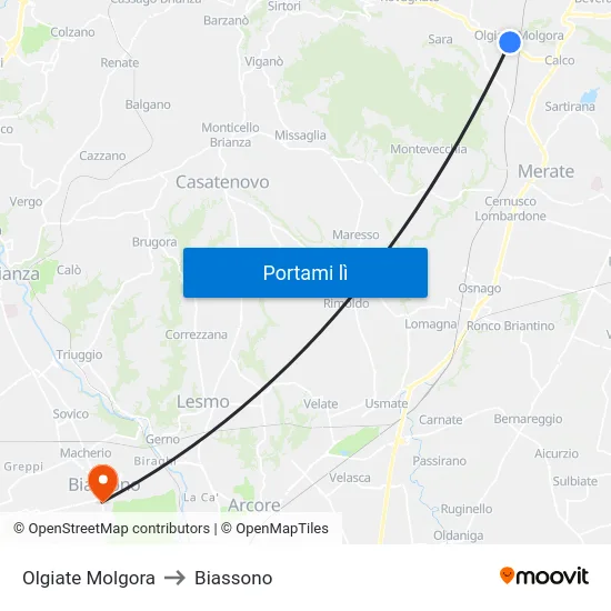 Olgiate Molgora to Biassono map