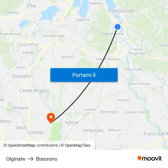 Olginate to Biassono map