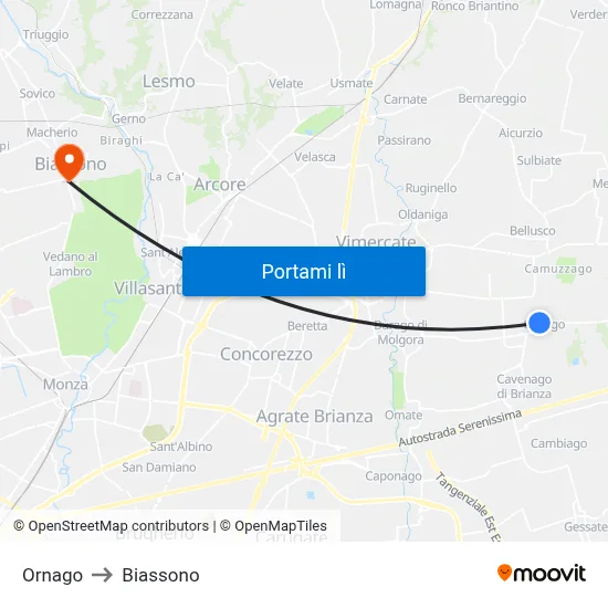 Ornago to Biassono map