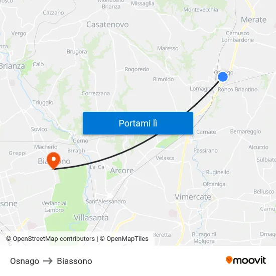 Osnago to Biassono map