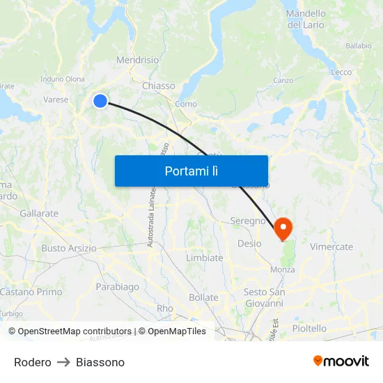 Rodero to Biassono map
