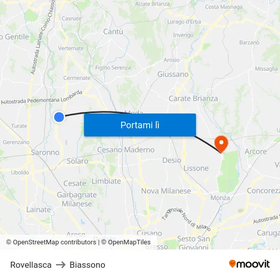 Rovellasca to Biassono map