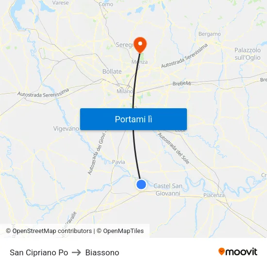 San Cipriano Po to Biassono map