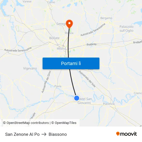San Zenone Al Po to Biassono map