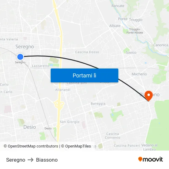 Seregno to Biassono map