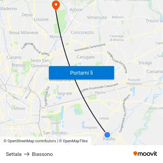 Settala to Biassono map