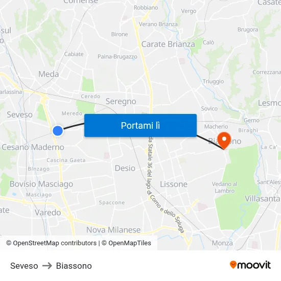 Seveso to Biassono map