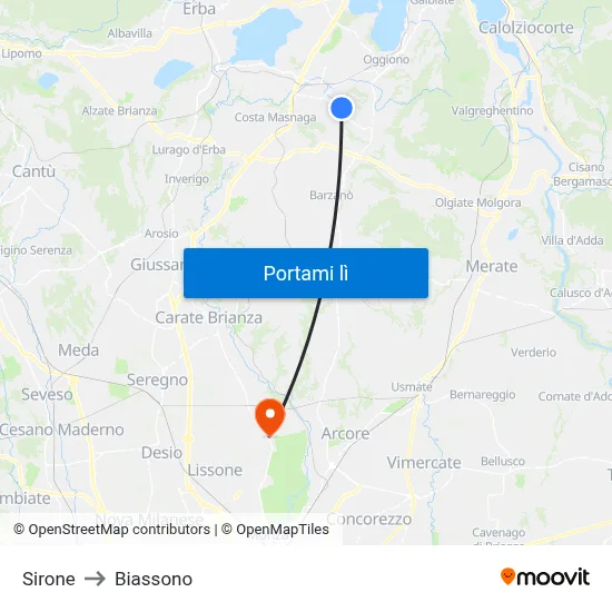 Sirone to Biassono map
