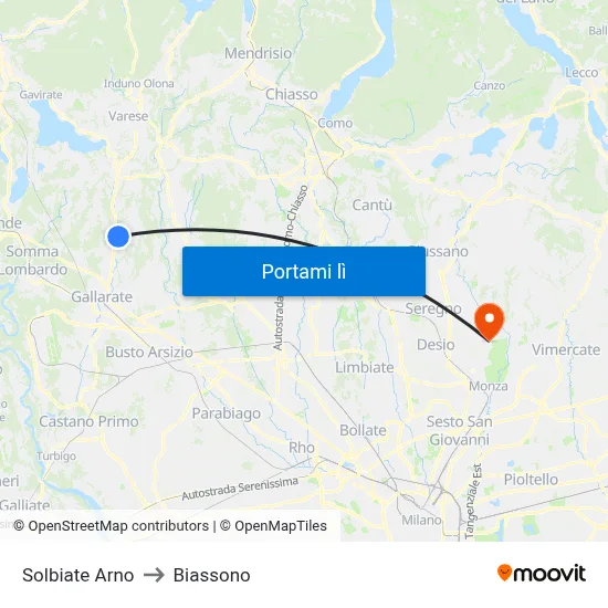 Solbiate Arno to Biassono map