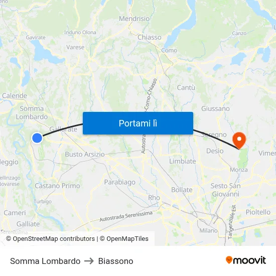 Somma Lombardo to Biassono map