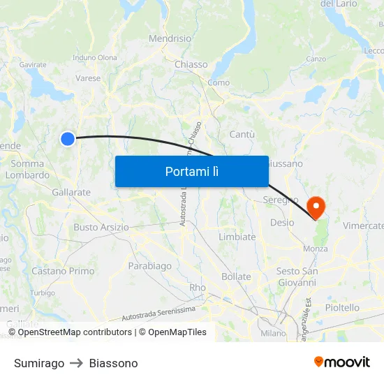 Sumirago to Biassono map