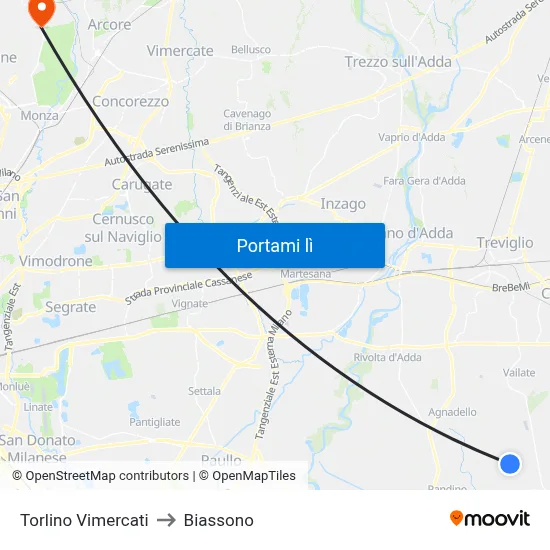 Torlino Vimercati to Biassono map