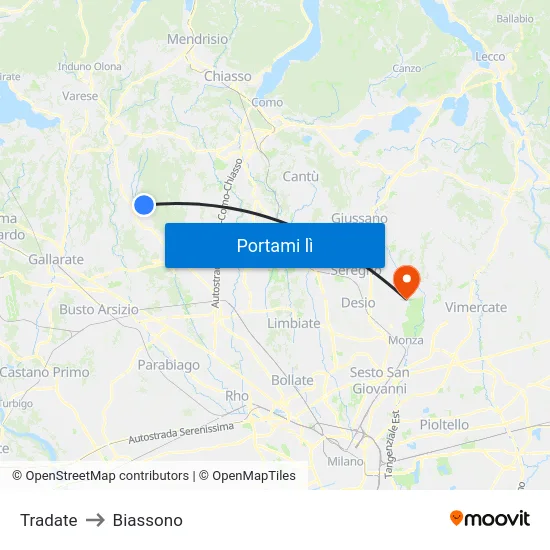 Tradate to Biassono map
