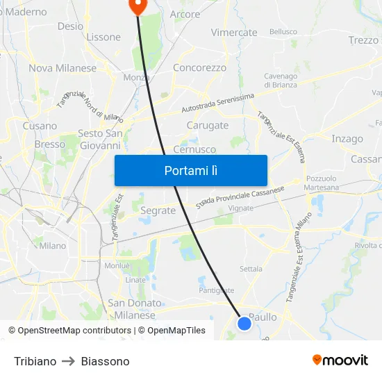 Tribiano to Biassono map