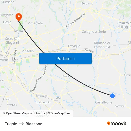 Trigolo to Biassono map