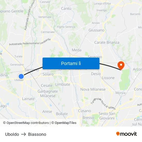 Uboldo to Biassono map