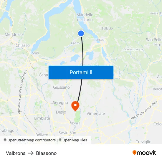 Valbrona to Biassono map