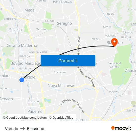 Varedo to Biassono map
