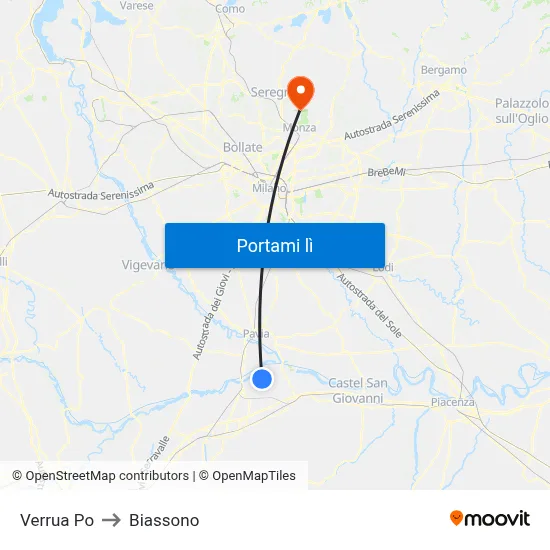 Verrua Po to Biassono map