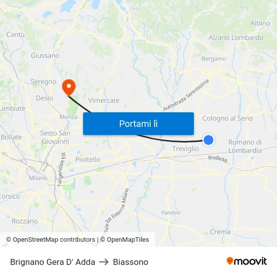 Brignano Gera D' Adda to Biassono map