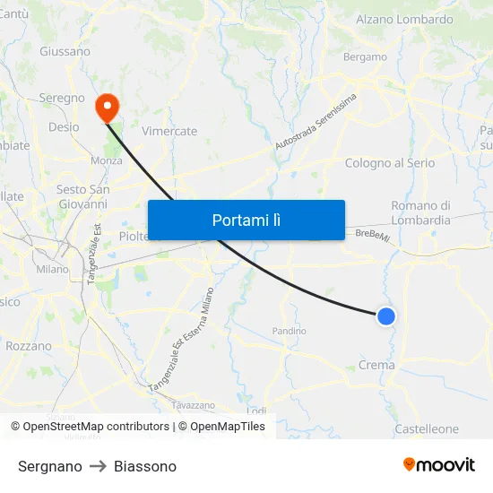 Sergnano to Biassono map