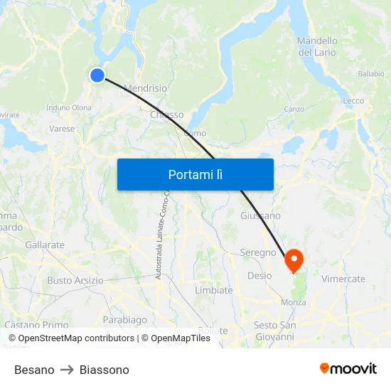 Besano to Biassono map