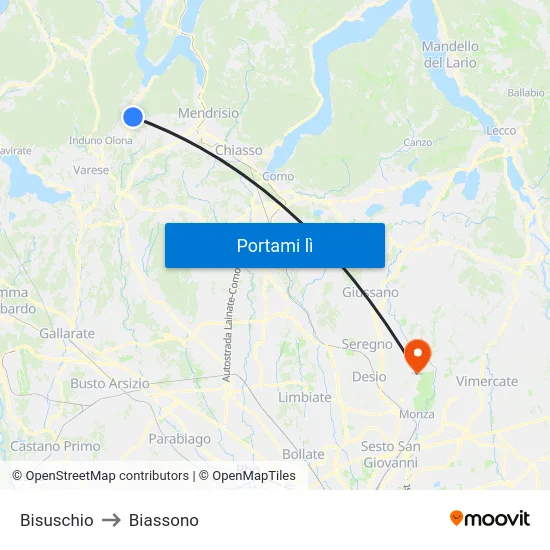 Bisuschio to Biassono map