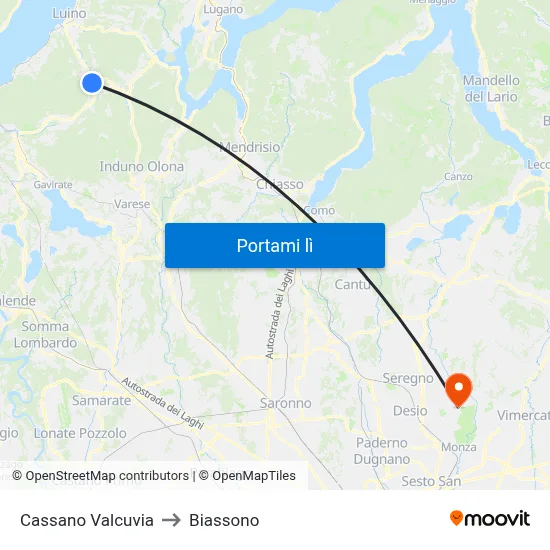 Cassano Valcuvia to Biassono map