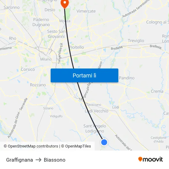 Graffignana to Biassono map