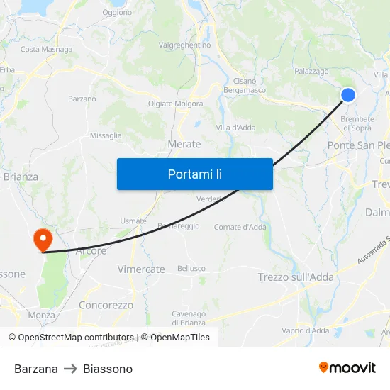 Barzana to Biassono map