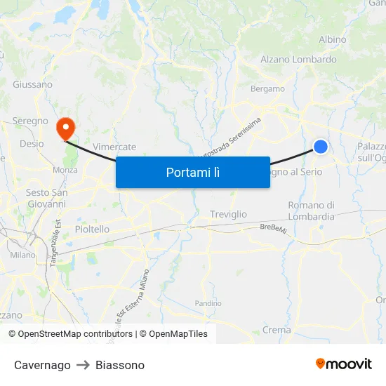 Cavernago to Biassono map