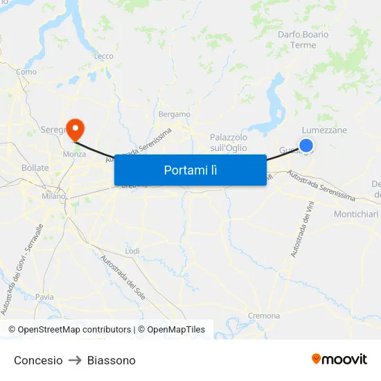 Concesio to Biassono map
