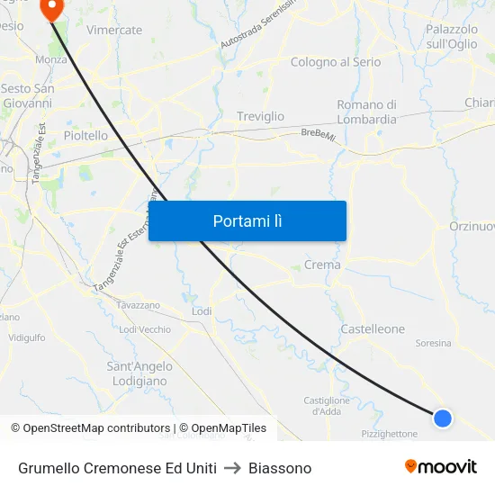 Grumello Cremonese Ed Uniti to Biassono map