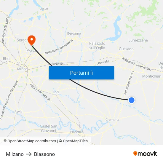 Milzano to Biassono map