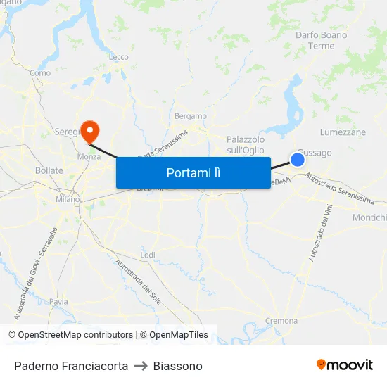 Paderno Franciacorta to Biassono map