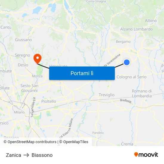 Zanica to Biassono map