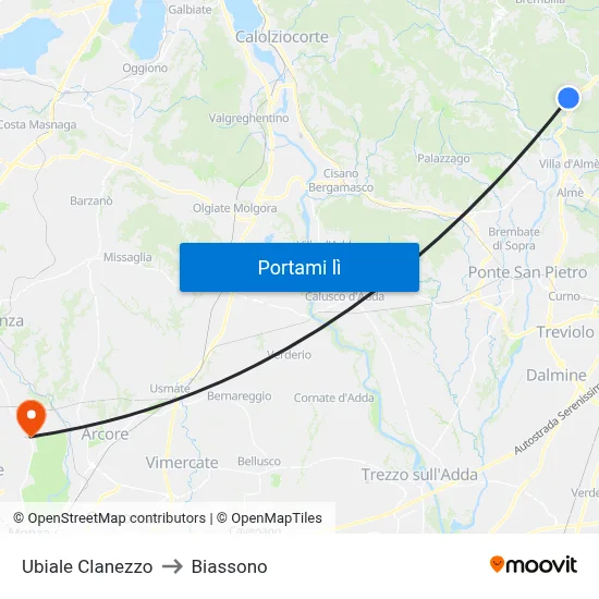 Ubiale Clanezzo to Biassono map