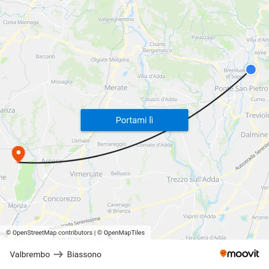 Valbrembo to Biassono map