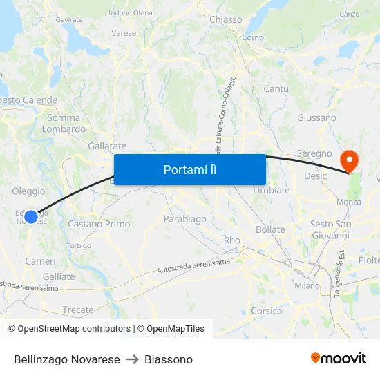 Bellinzago Novarese to Biassono map