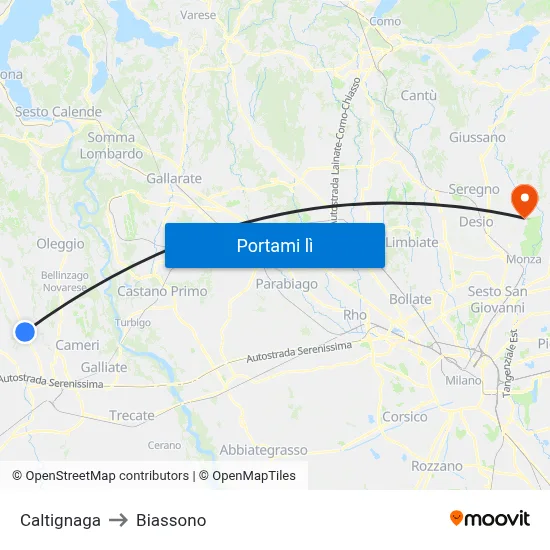 Caltignaga to Biassono map