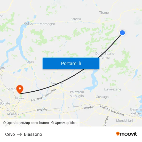 Cevo to Biassono map