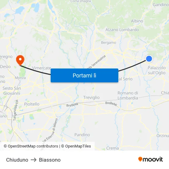 Chiuduno to Biassono map