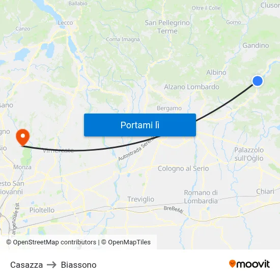 Casazza to Biassono map